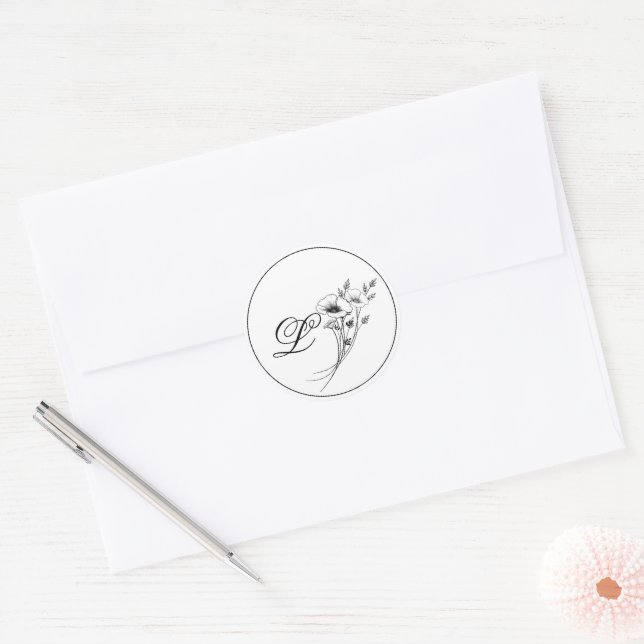 Elegant Doodle Floral Monogram Runder Aufkleber (Umschlag)