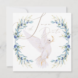 Elegant Dove & Olive Leaves Wedding Save the Date Einladung