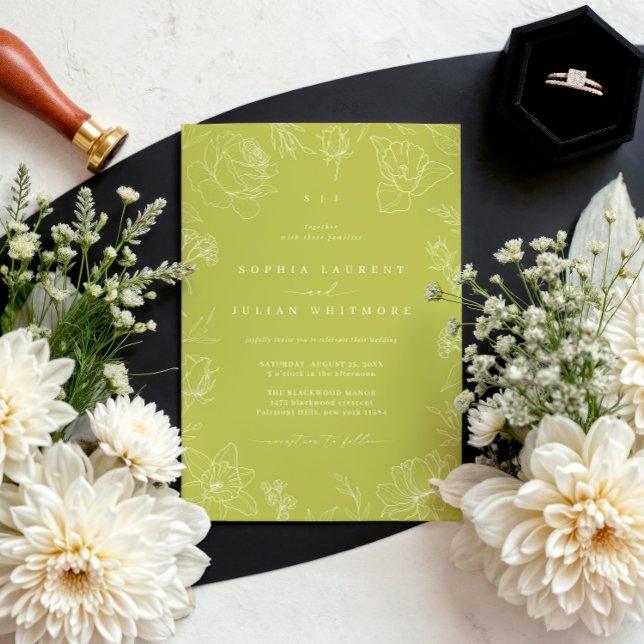 Elegant Drawn Floral Citrus Green Garden Wedding Einladung (Von Creator hochgeladen)