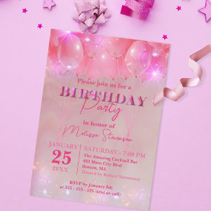 Elegant Dreamy Funkelnd Pink Ballon Geburtstagspar Einladung