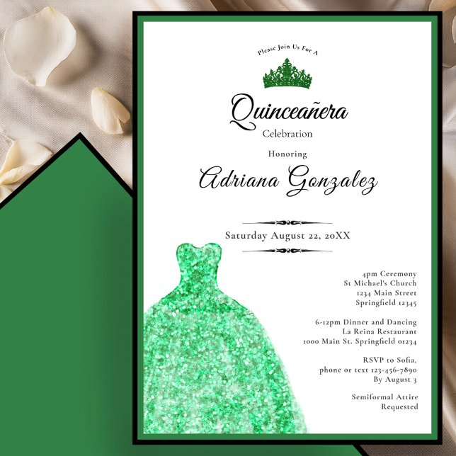 Elegant dress 15th Birthday green Quinceanera Einladung (Von Creator hochgeladen)