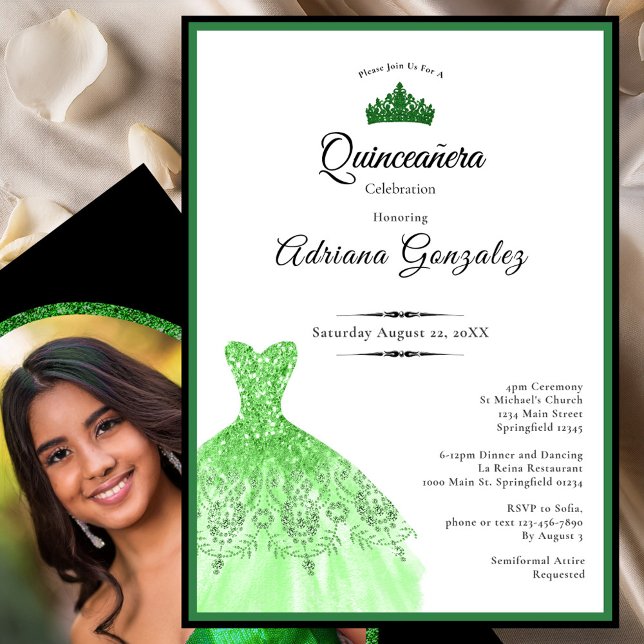 Elegant dress 15th Birthday green Quinceanera Einladung (Von Creator hochgeladen)