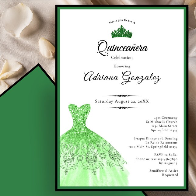 Elegant dress 15th Birthday green Quinceanera Einladung (Von Creator hochgeladen)