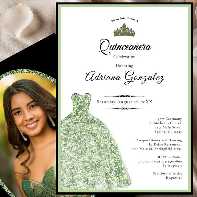 Elegant dress 15th birthday sage green Quinceanera Einladung (Von Creator hochgeladen)
