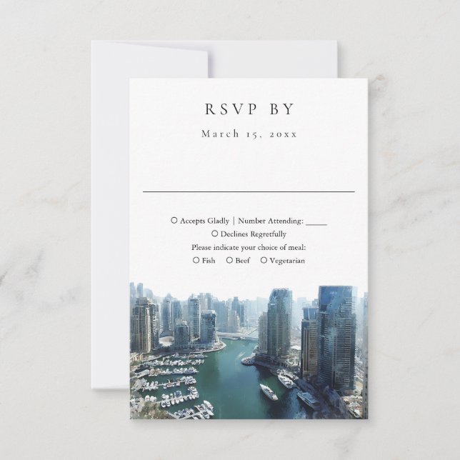 Elegant Dubai Skyline Watercolor Wedding RSVP Karte (Vorderseite)