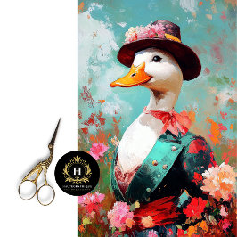 Elegant Duck in Floral Hat Decoupage Seidenpapier