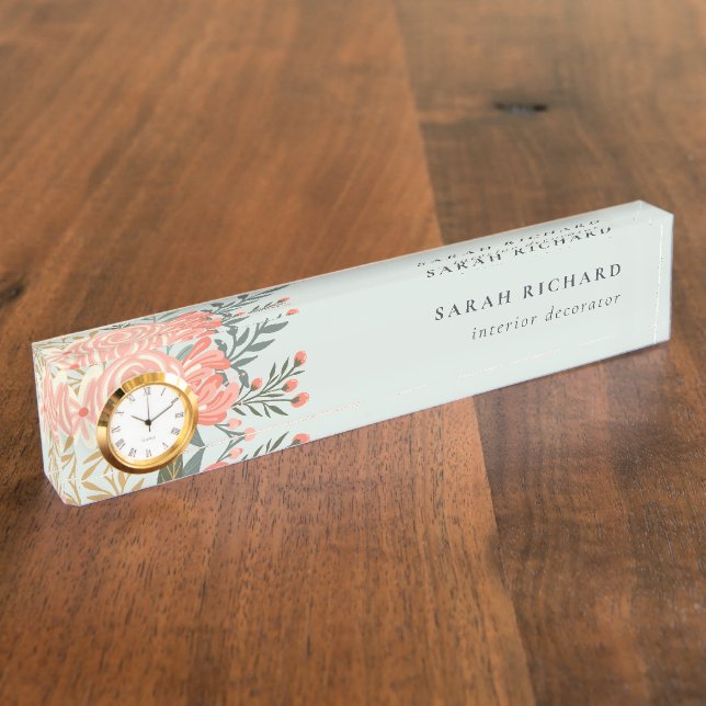 Elegant Dusky Blue Orange Blush Ambrosia Floral Namensplakette (Seite)