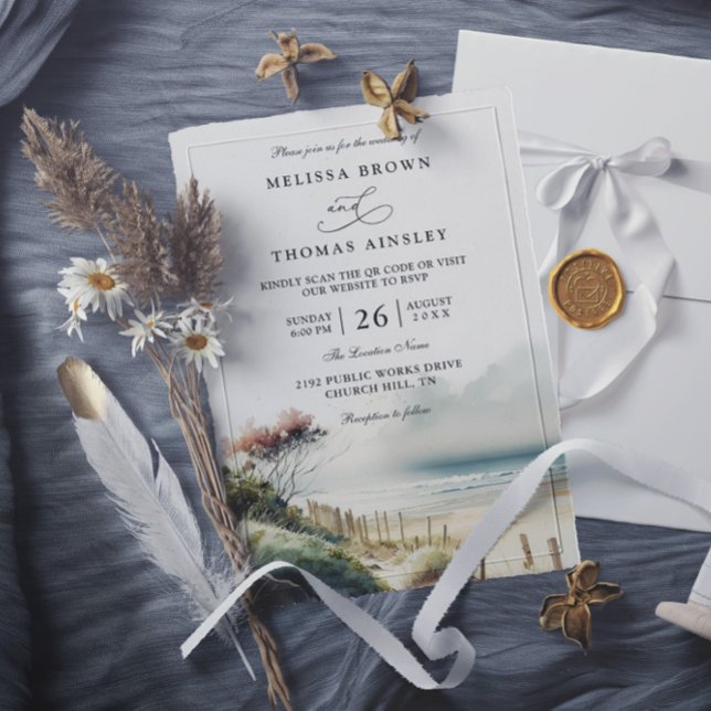 Elegant Dusky Coastal Sand Beach QR Code Wedding Einladung (Von Creator hochgeladen)
