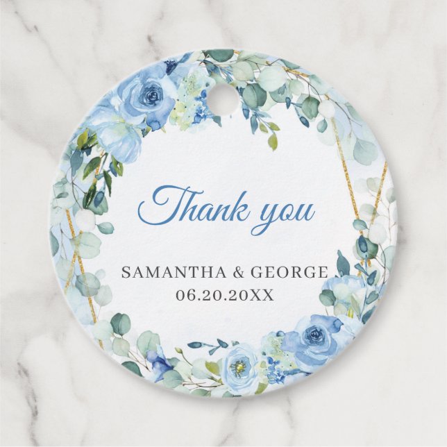 Elegant Dusty Blue and Gold Rahmen Hochzeit mit Fl Geschenkanhänger (Vorderseite)