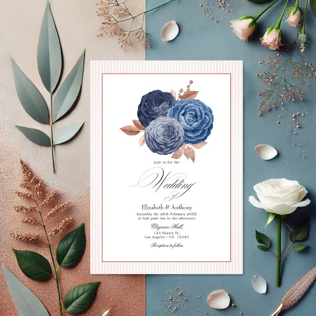 Elegant Dusty Blue and Rose Gold Floral Wedding Einladung (Elegant Dusty Blue and Rose Gold Floral Wedding Invitation)