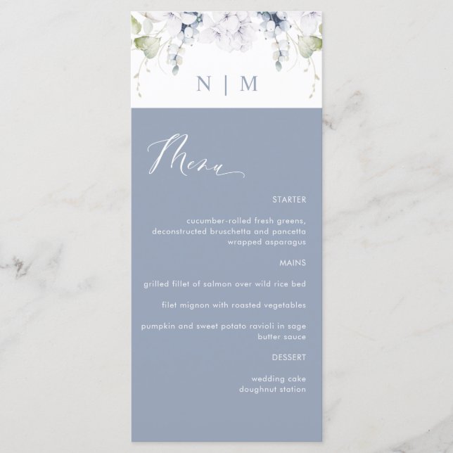 Elegant Dusty Blue and White Floral Wedding Menükarte (Vorderseite)