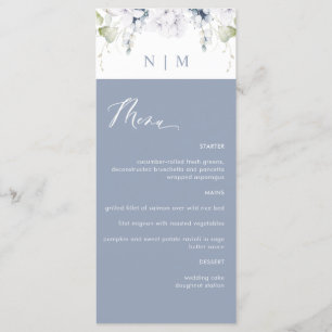 Elegant Dusty Blue and White Floral Wedding Menükarte