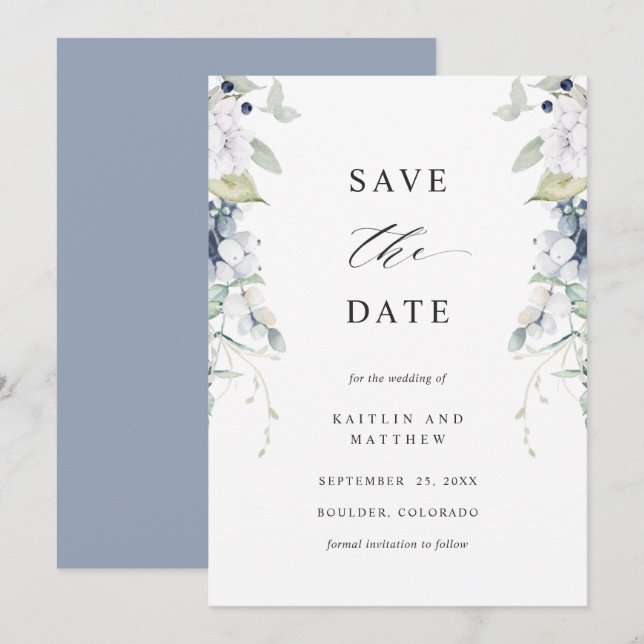 Elegant Dusty Blue and White Floral Wedding Save The Date (Vorne/Hinten)