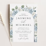 Elegant Dusty Blue Arch Floral Frame Wedding Folieneinladung<br><div class="desc">Elegante blumengeschmückte Hochzeitsfeiern mit einem silbernen Gewölbe aus staubigen Rosen,  Hydrangeas,  üppigen Eukalyptus-Blätter und Grünpflanzen. Diese dustig blühende Hochzeitseinladung ist perfekt für Ihre Hochzeit im Frühling oder Sommer!</div>