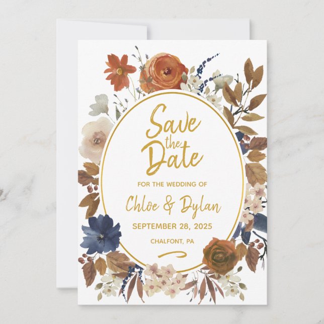 Elegant Dusty Blue Beige Brown Floral Save The Date (Vorderseite)