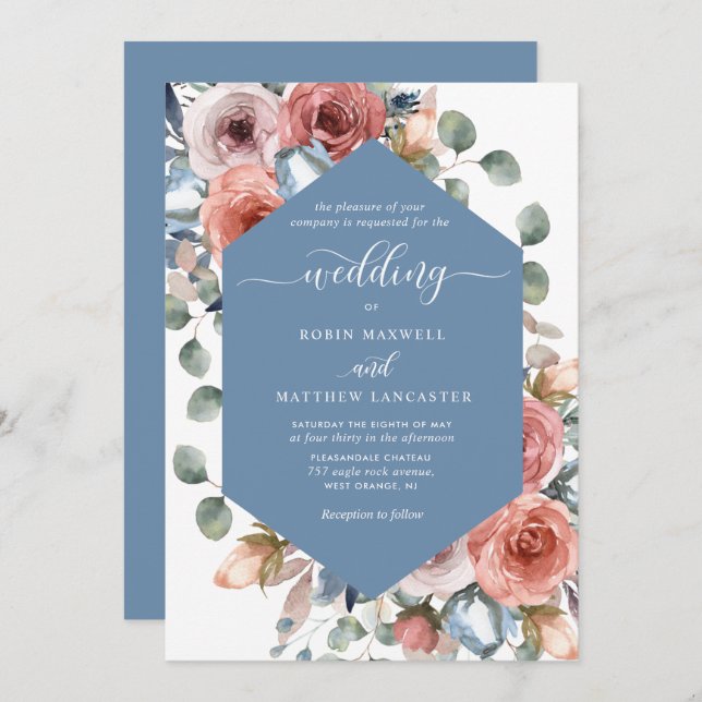 Elegant Dusty Blue Blissful Floral Wedding Einladung (Vorne/Hinten)