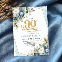 Elegant dusty blue blooms 90th birthday invite 