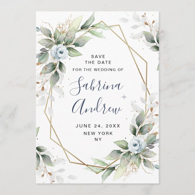 Elegant Dusty Blue Blumen Grüne Hochzeit Save The Date (Vorderseite)