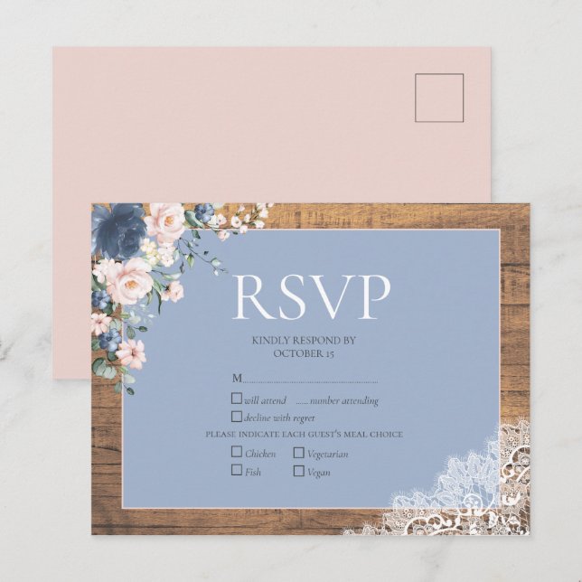Elegant Dusty Blue Blush Bloral Lace Wedding RSVP Einladungspostkarte (Vorne/Hinten)