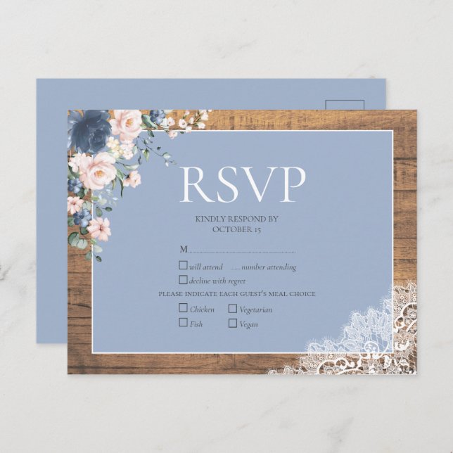 Elegant Dusty Blue Blush Bloral Lace Wedding RSVP Einladungspostkarte (Vorne/Hinten)