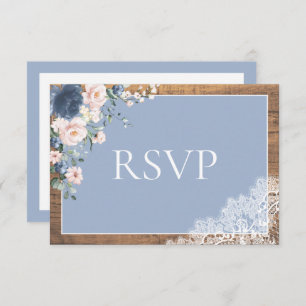 Elegant Dusty Blue Blush Bloral Lace Wood Wedding RSVP Karte