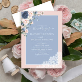 Elegant Dusty Blue Blush Lace Script Foto Wedding Einladung