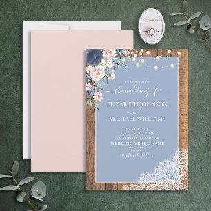 Elegant Dusty Blue Blush Rustic Wood Lace Script I Einladung