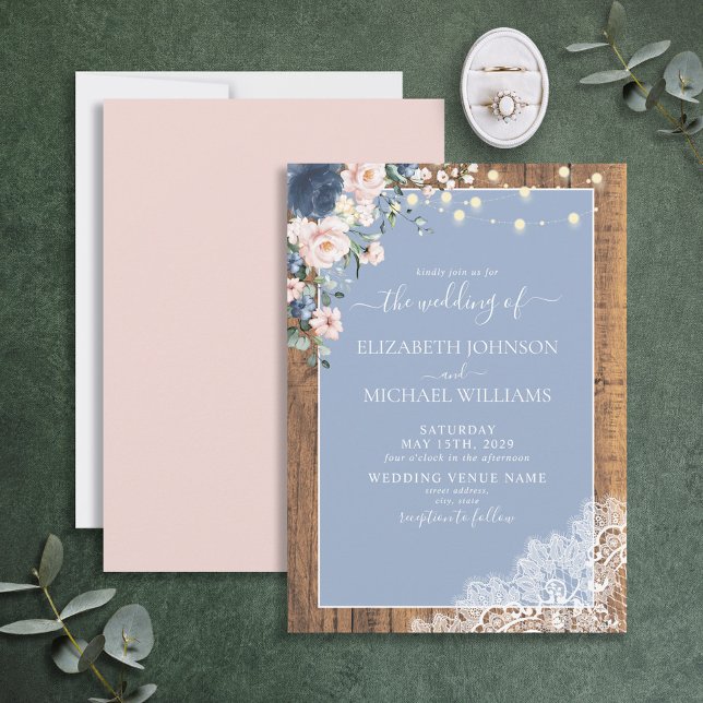 Elegant Dusty Blue Blush Rustic Wood Lace Script I Einladung (Von Creator hochgeladen)