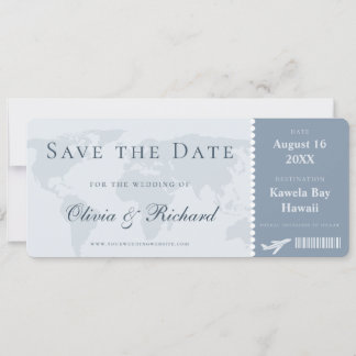 Elegant Dusty Blue Boarding Pass Save the Date Einladung