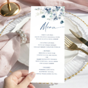 Elegant Dusty Blue Bohemisch Winter Foliage Weddin Menükarte