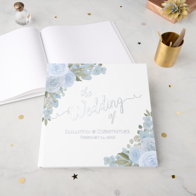 Elegant Dusty Blue Boho Blumenwald Hochzeit Gästebuch (Vorderseite Offen)