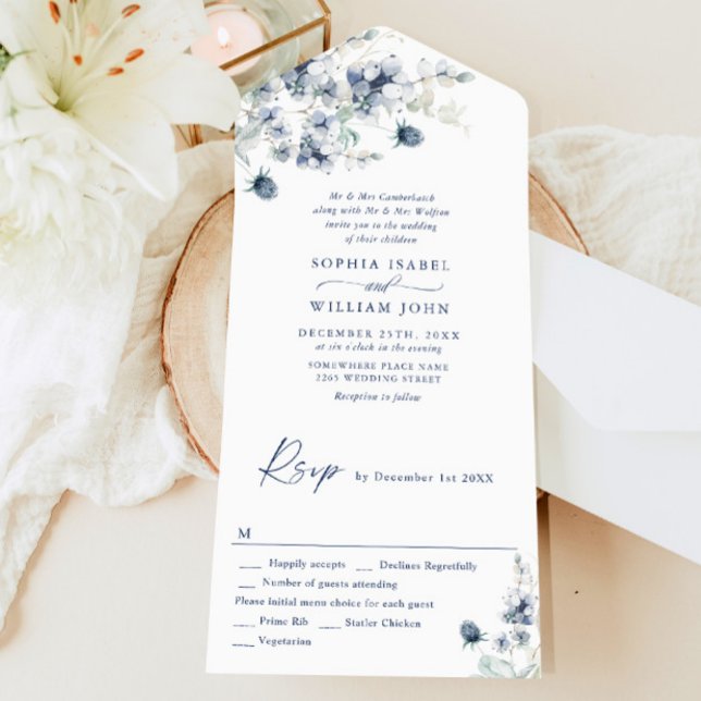Elegant Dusty Blue Boho Winter Foliage Wedding All In One Einladung (Von Creator hochgeladen)