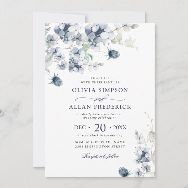 Elegant Dusty Blue Boho Winter Foliage Wedding Einladung (Vorderseite)