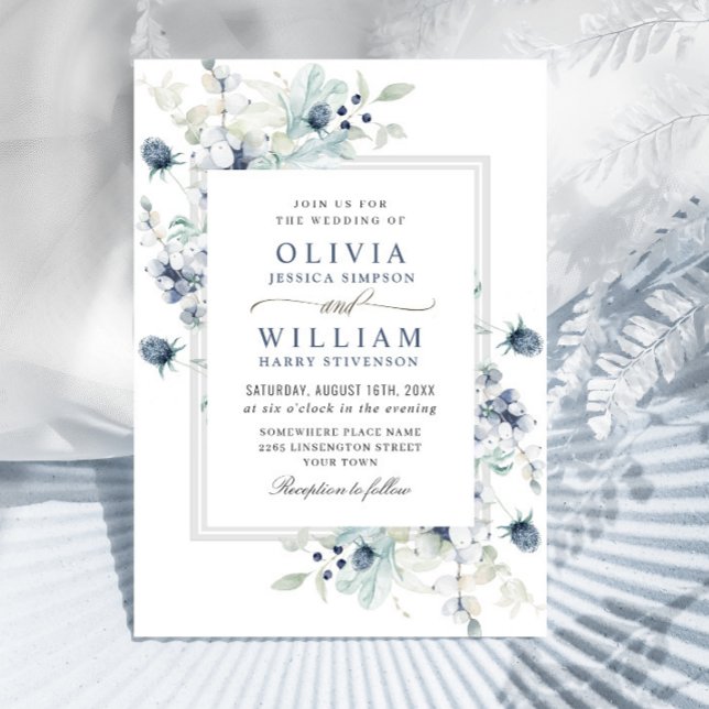 Elegant Dusty Blue Boho Winter Foliage Wedding Einladung (Von Creator hochgeladen)