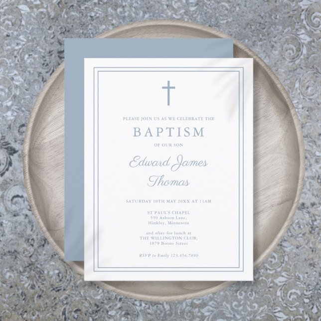 Elegant Dusty Blue Border Baptisse Einladung Postkarte (Elegant Dusty Blue Border Baptism Invitation Postcard)