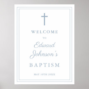 Elegant Dusty Blue Border Baptisse Welcome Sign Poster