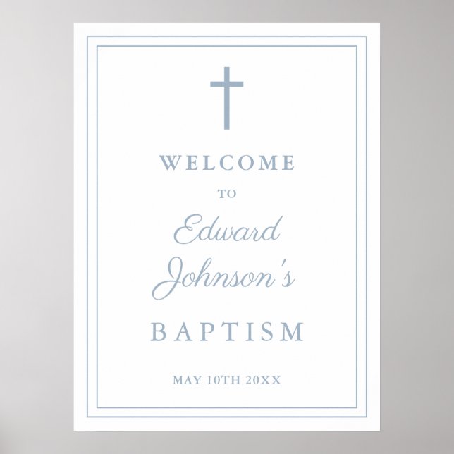 Elegant Dusty Blue Border Baptisse Welcome Sign Poster (Vorne)
