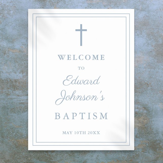 Elegant Dusty Blue Border Baptisse Welcome Sign Poster (Elegant Dusty Blue Border Baptism Welcome Sign)
