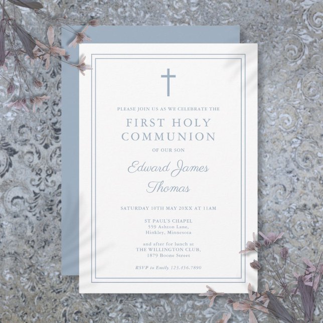 Elegant Dusty Blue Border First Holy Communion Einladung (Elegant Dusty Blue Border First Holy Communion Invitation)