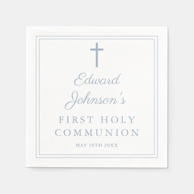 Elegant Dusty Blue Border First Holy Communion Serviette (Vorderseite)