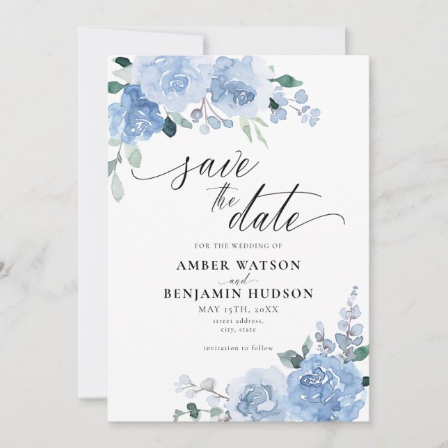 Elegant Dusty Blue Botanical Floral Save the Date Einladung (Vorderseite)