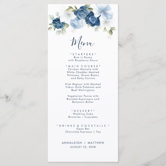 Elegant Dusty Blue Botanical Greenerity Wedding Menükarte (Vorderseite)