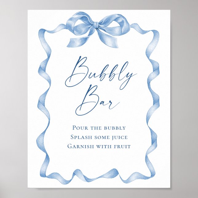 Elegant Dusty Blue Bow Brautparty Bubbly Bar Poster (Vorne)