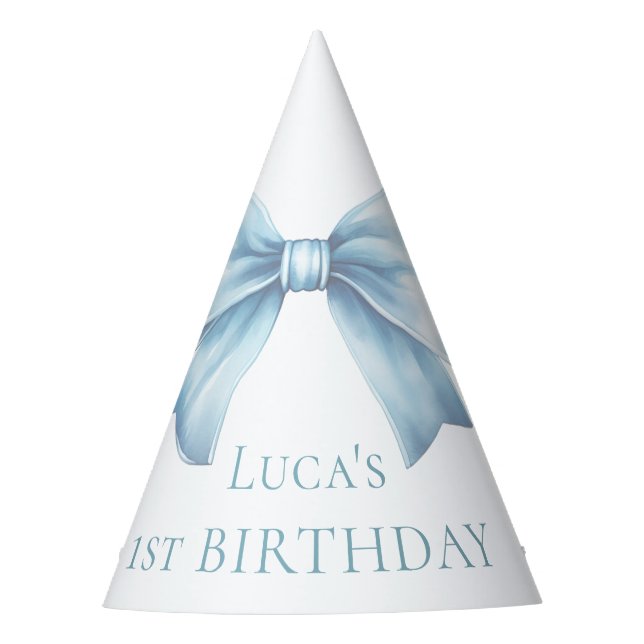 Elegant Dusty Blue Bow First Boy Birthday Partyhütchen (Vorderseite)