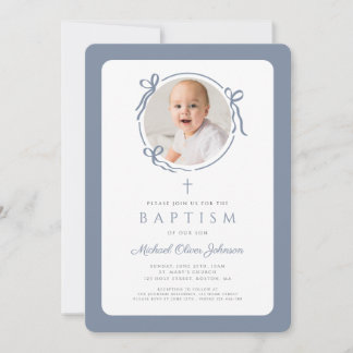 Elegant Dusty Blue Bow Photo Boy Baptism Einladung