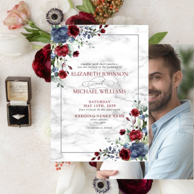 Elegant Dusty Blue Burgundy Floral Foto Wedding Einladung (Von Creator hochgeladen)