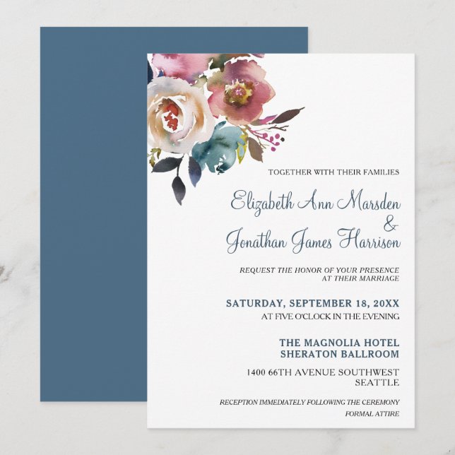 Elegant Dusty Blue Burgundy Floral Wedding Einladung (Vorne/Hinten)