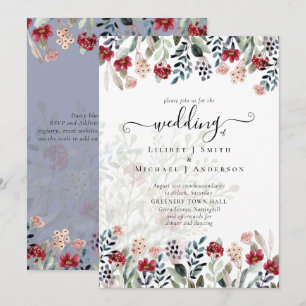 Elegant Dusty Blue Burgundy Floral Wedding Einladung