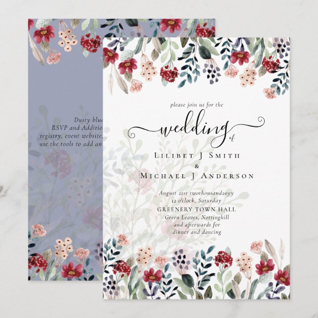 Elegant Dusty Blue Burgundy Floral Wedding Einladung (Vorne/Hinten)