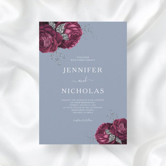 Elegant Dusty Blue Burgundy Floral Wedding Einladung (Von Creator hochgeladen)